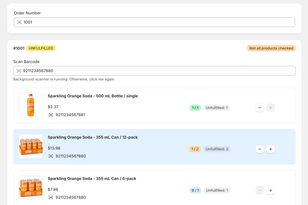 Skanley fulfilling an order: a barcode scan field above a list of matched Shopify products showing prices, barcodes, and fulfillment counts.